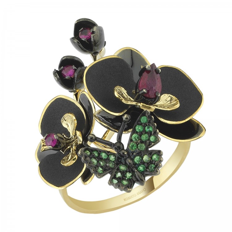 Каблучка Roberto Bravo Black Orchid із сапфіром, рубіном та цаворитом